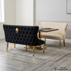Victoria High Back Shimmer Fabric Dining Bench – Luxury Knocker Back Bench in Black Gold or Cream Gold