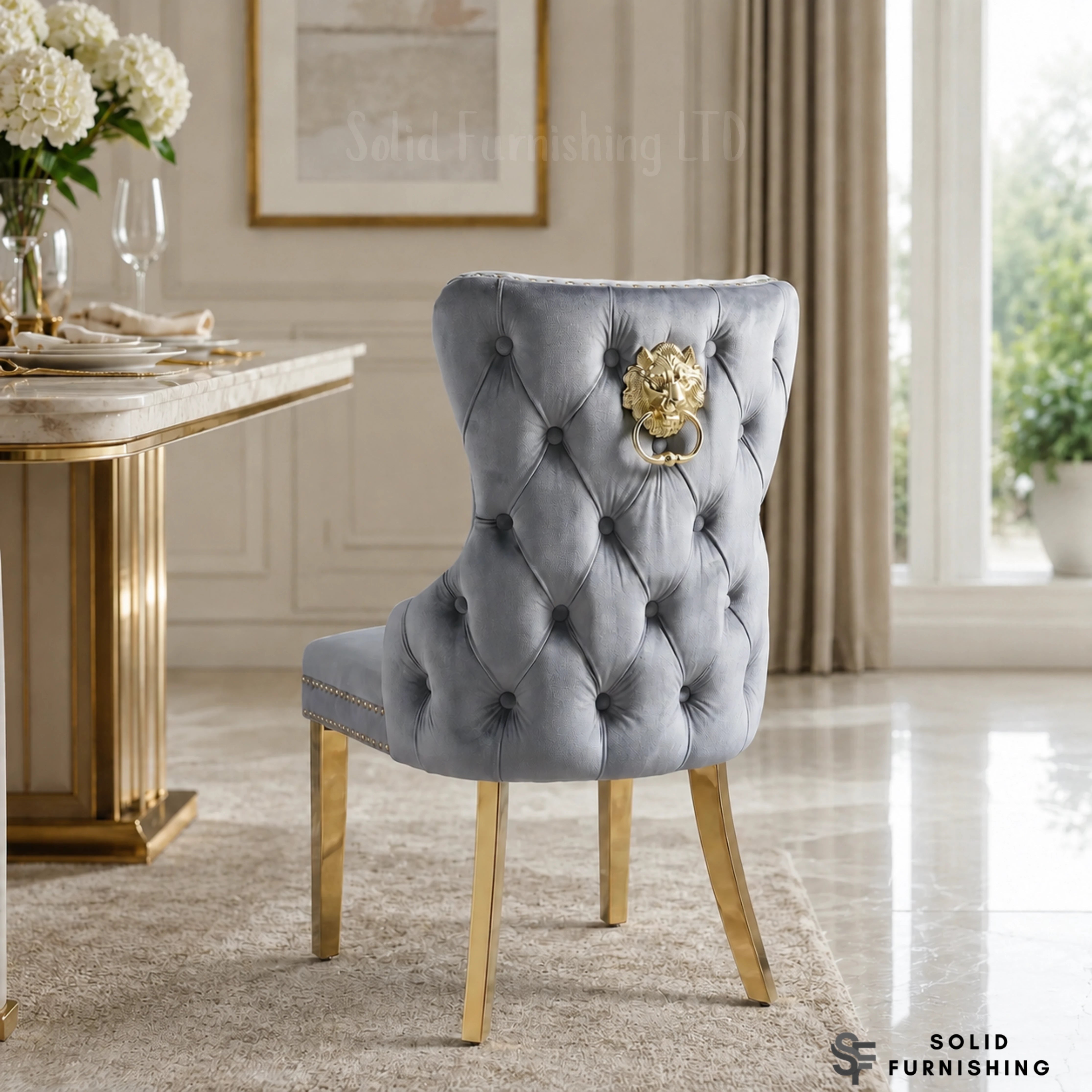 Victoria Lion Knocker Velvet Dining Chairs – Gold or Silver Legs (Set of 2)