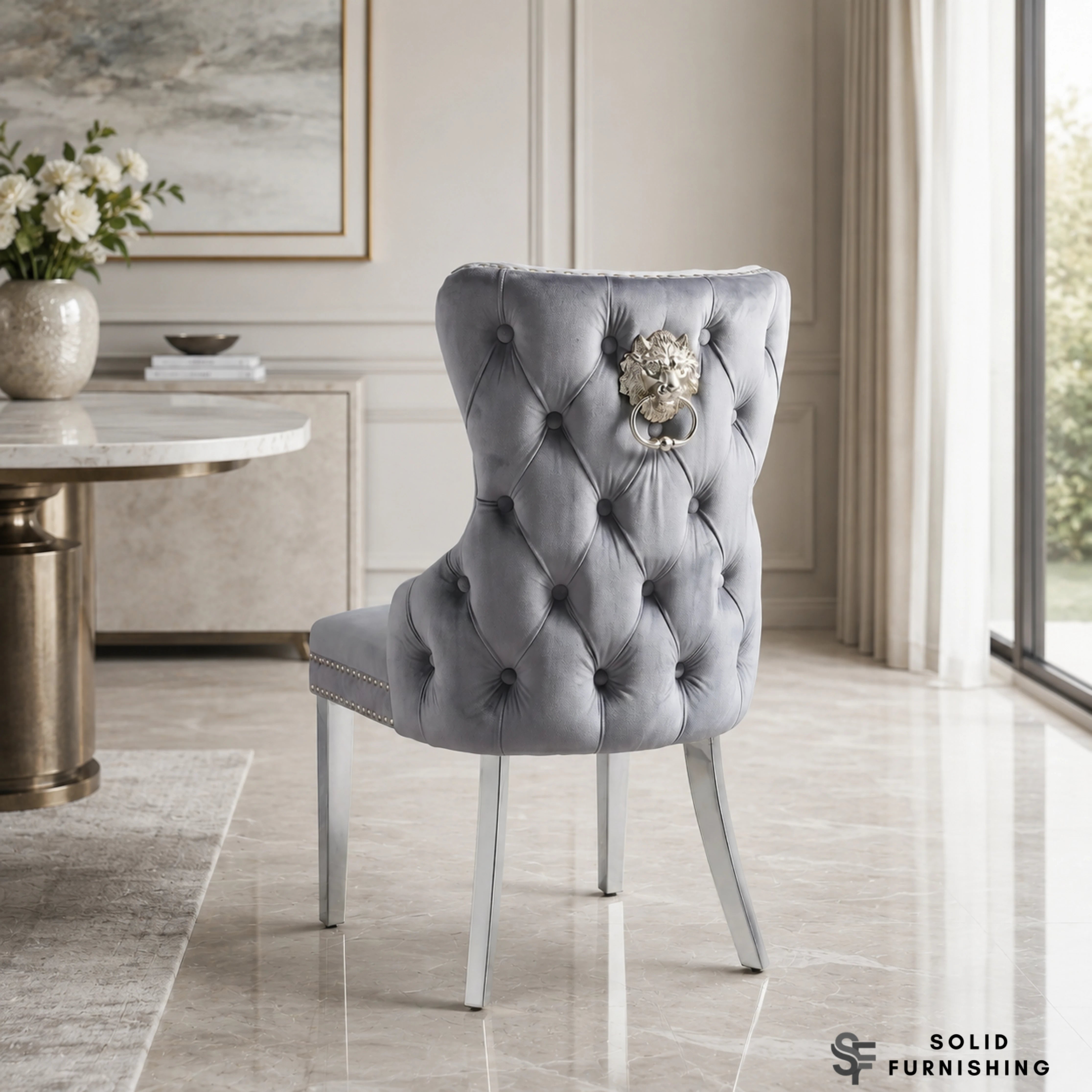 Victoria Lion Knocker Velvet Dining Chairs – Gold or Silver Legs (Set of 2)