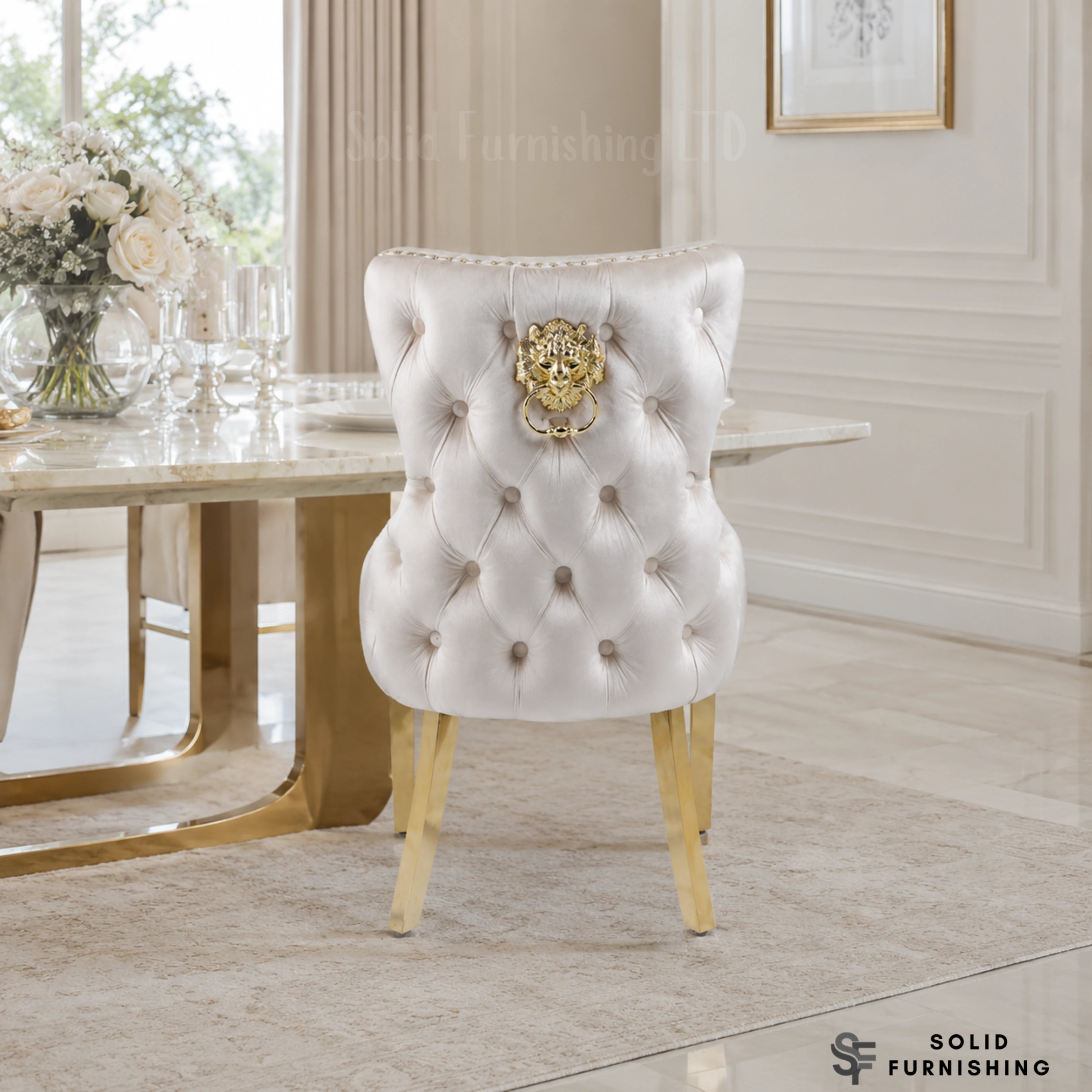 Victoria Lion Knocker Velvet Dining Chairs – Gold or Silver Legs (Set of 2)
