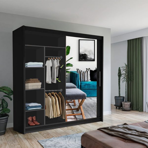 Vision Black Sliding Wardrobe with Mirror Door – Modern Bedroom Storage Wardrobe
