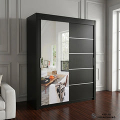 Vision Black Sliding Wardrobe with Mirror Door – Modern Bedroom Storage Wardrobe