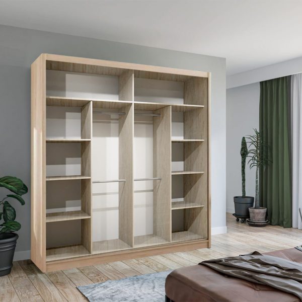 Vision Oak Sliding Mirror Door Wardrobe  – Modern Bedroom Storage Wardrobe