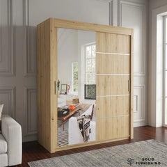 Vision Oak Sliding Mirror Door Wardrobe  – Modern Bedroom Storage Wardrobe