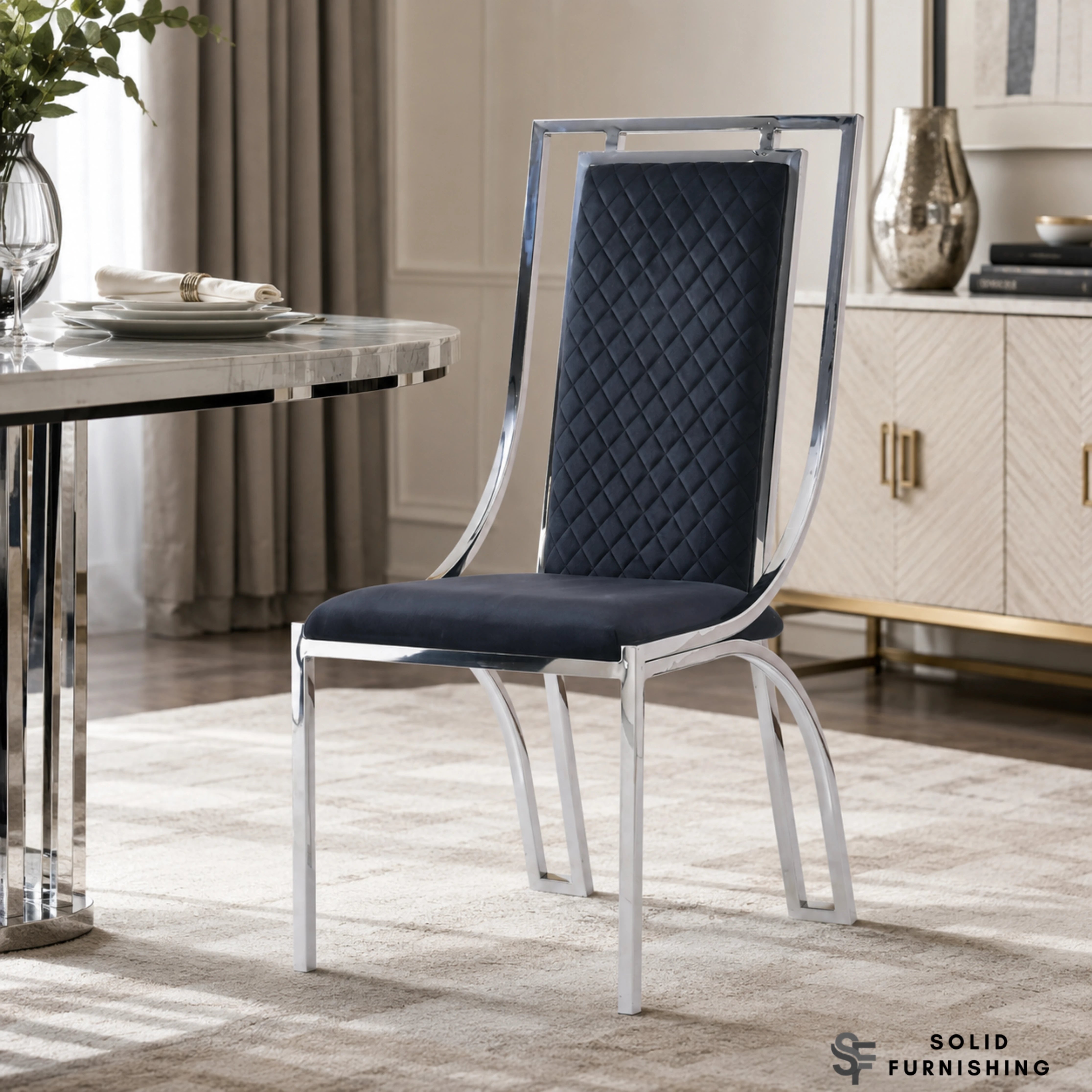 Windsor Silver Frame Quilted Dining Chair – Grey or Black Upholstered Chair