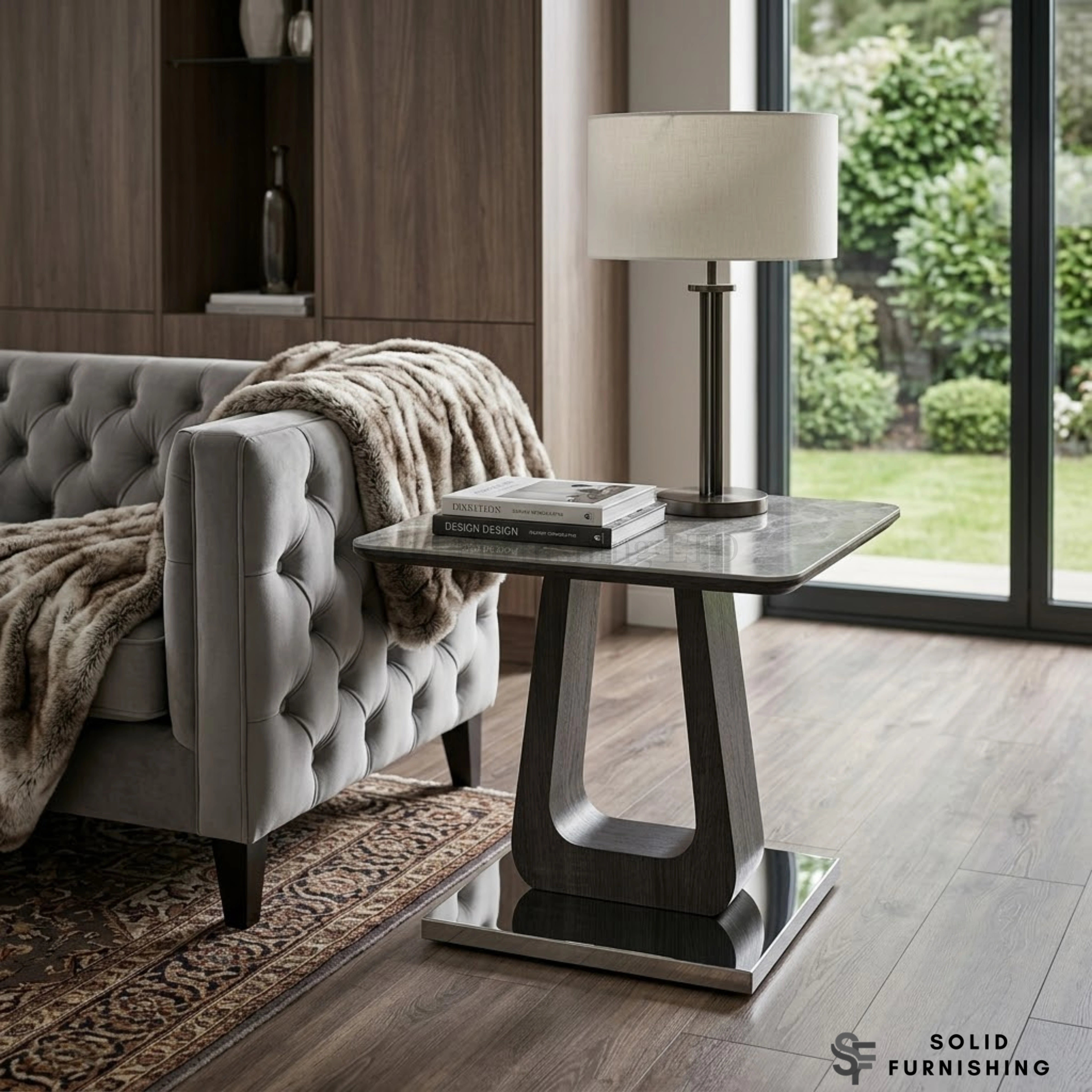 Zermatt Grey Ceramic Side Table – Modern Square Lamp Table