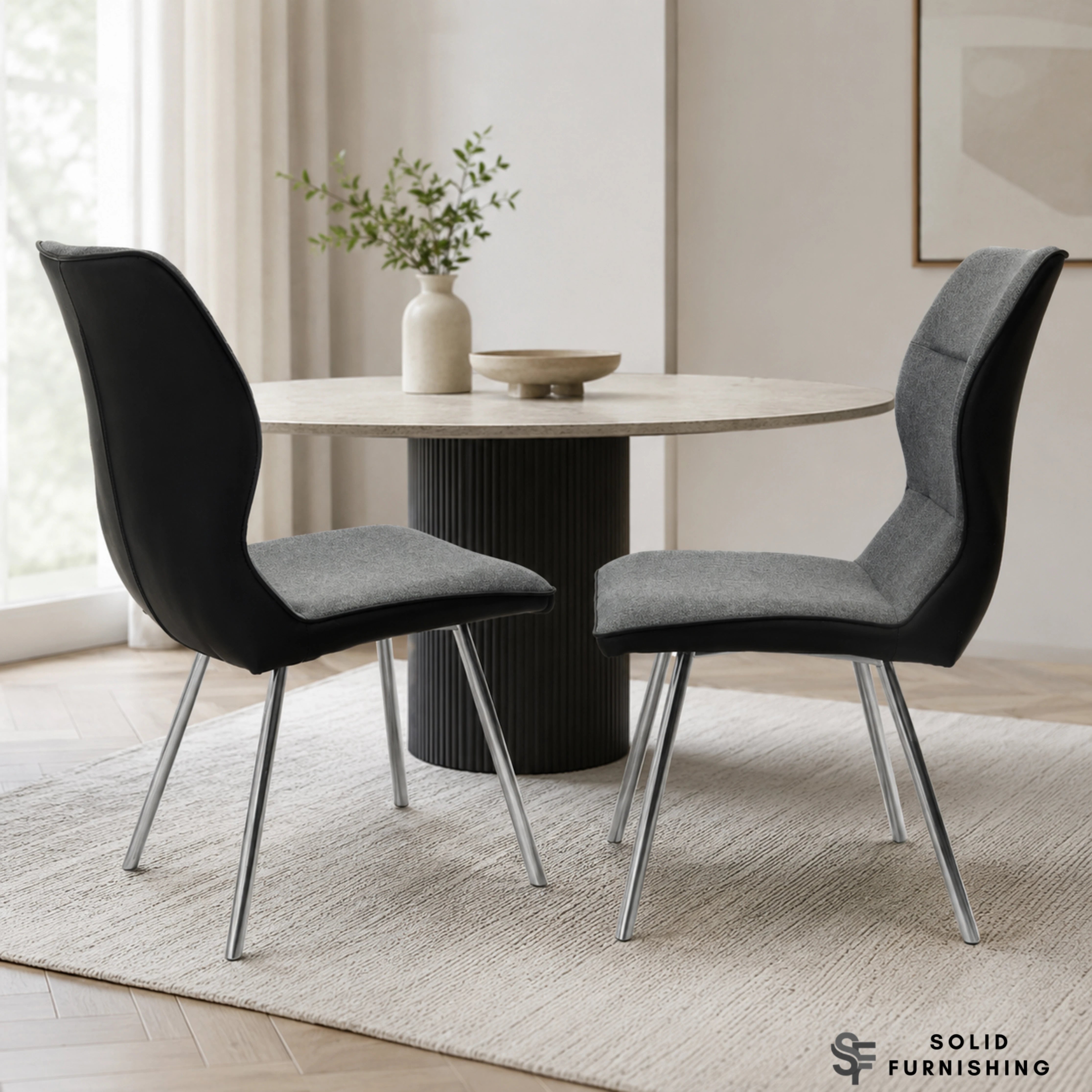 Zermatt Grey PU & Fabric Dining Chair – Modern High Back Upholstered Chair (Set of 2)