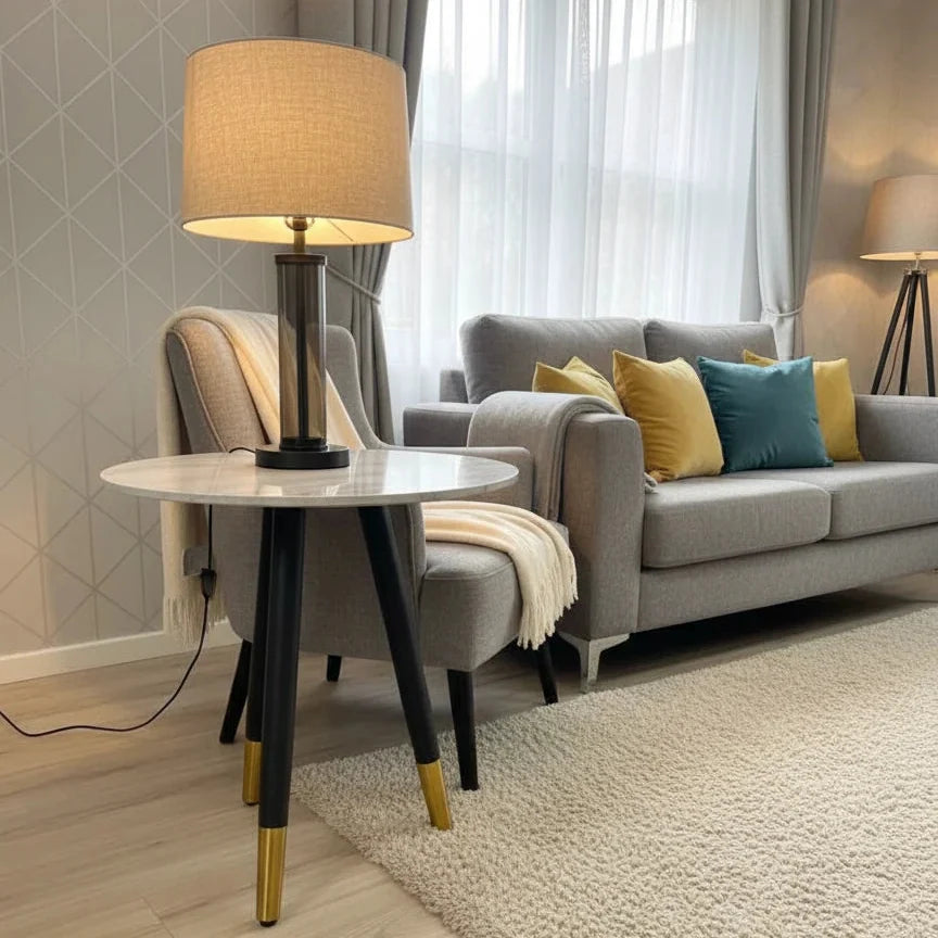Venice Round Ceramic Side Table – Black & Gold Leg Lamp Table
